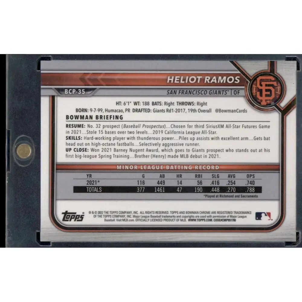 2022 Bowman #BCP-35 Heliot Ramos Chrome Prospects Lava #/399
